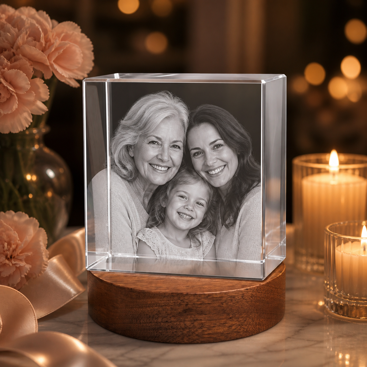 Square crystal with a three-person portrait beside flowers and candles.