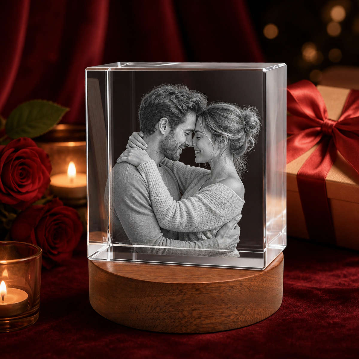 Square crystal with a couple's portrait beside roses and gifts.