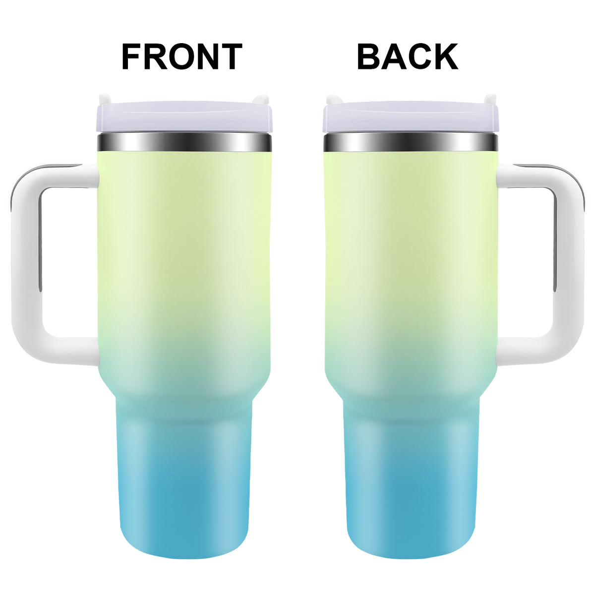 Front and back views of a gradient tumbler with a handle.
