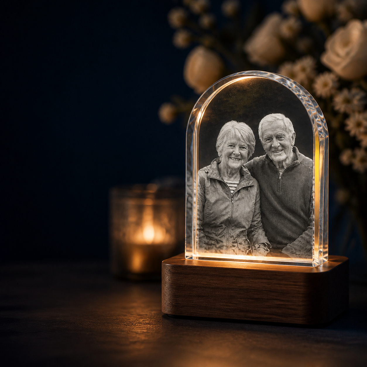 An illuminated We Are ArtLaser3D crystal keepsake