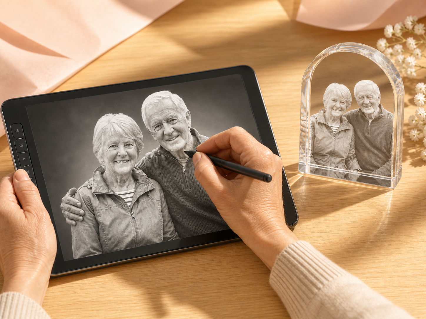 An artist prepares a family portrait for a crystal keepsake