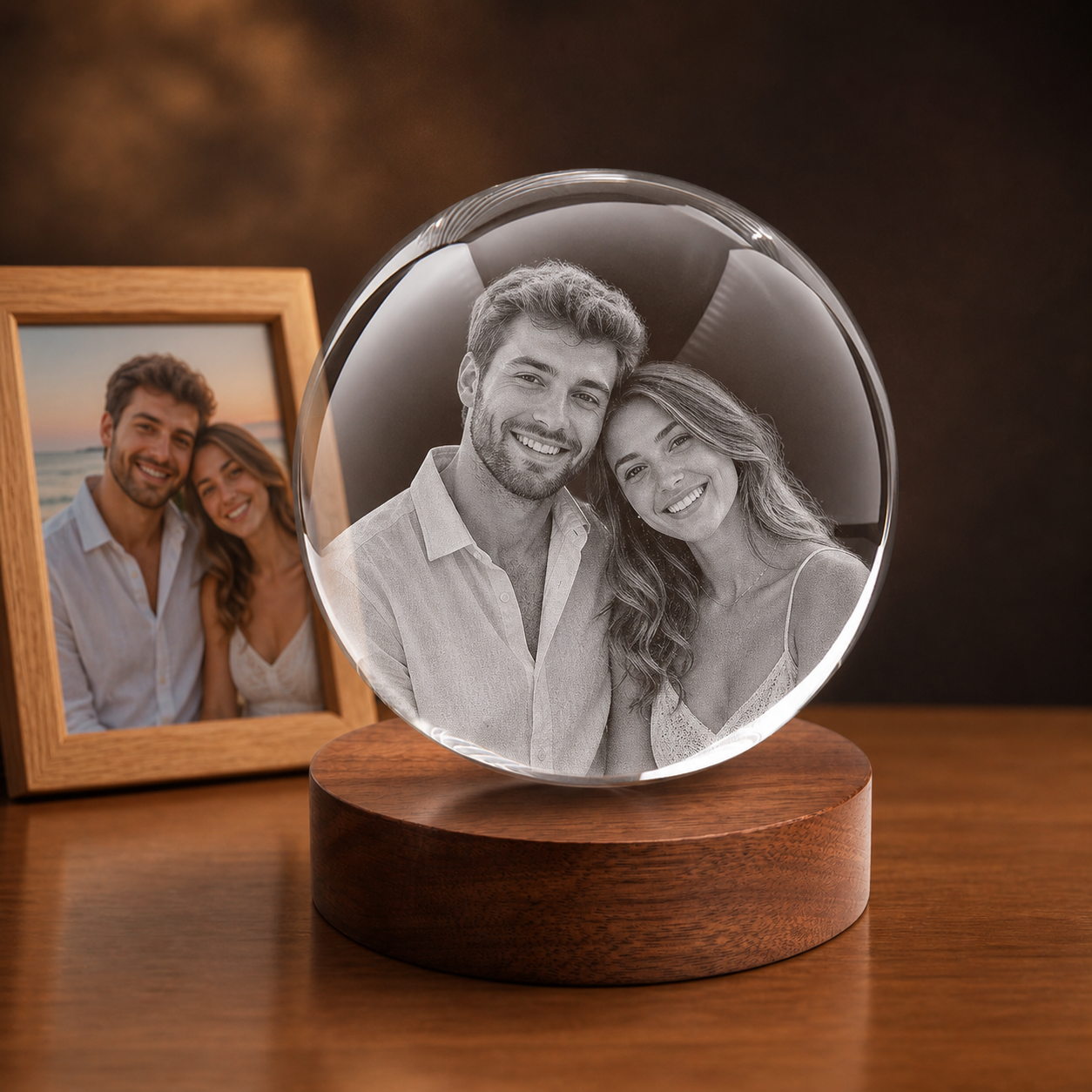 3D Crystal Ball personalized couple photo engraving on walnut display base