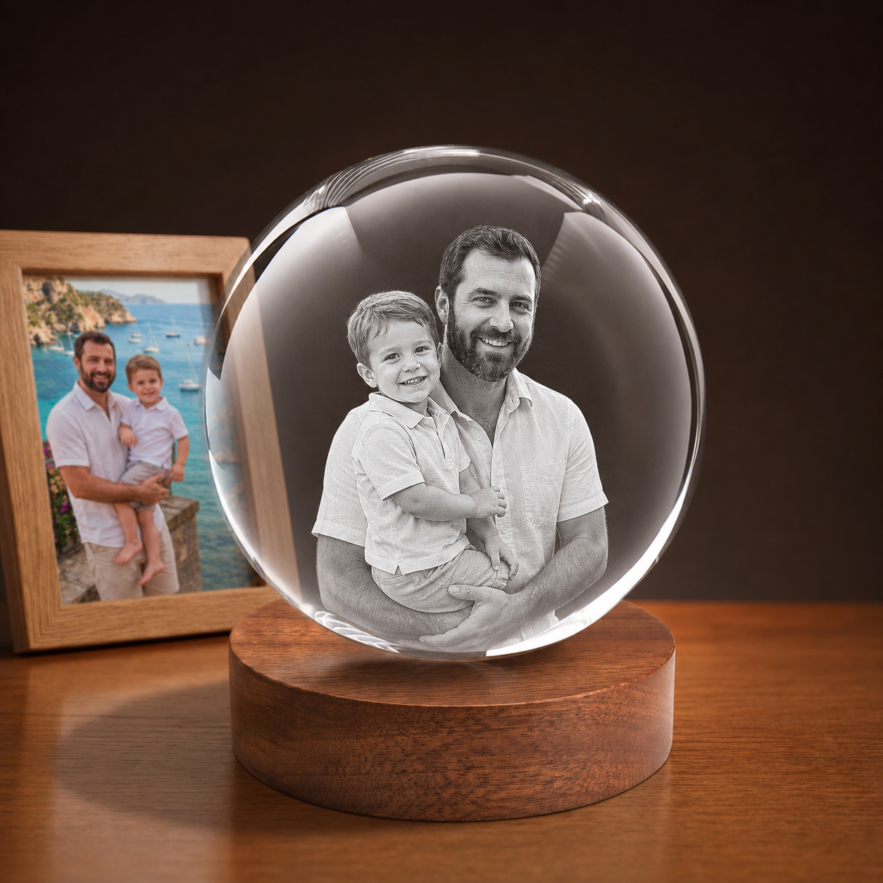 3D Crystal Ball personalized parent and child photo engraving on walnut display base