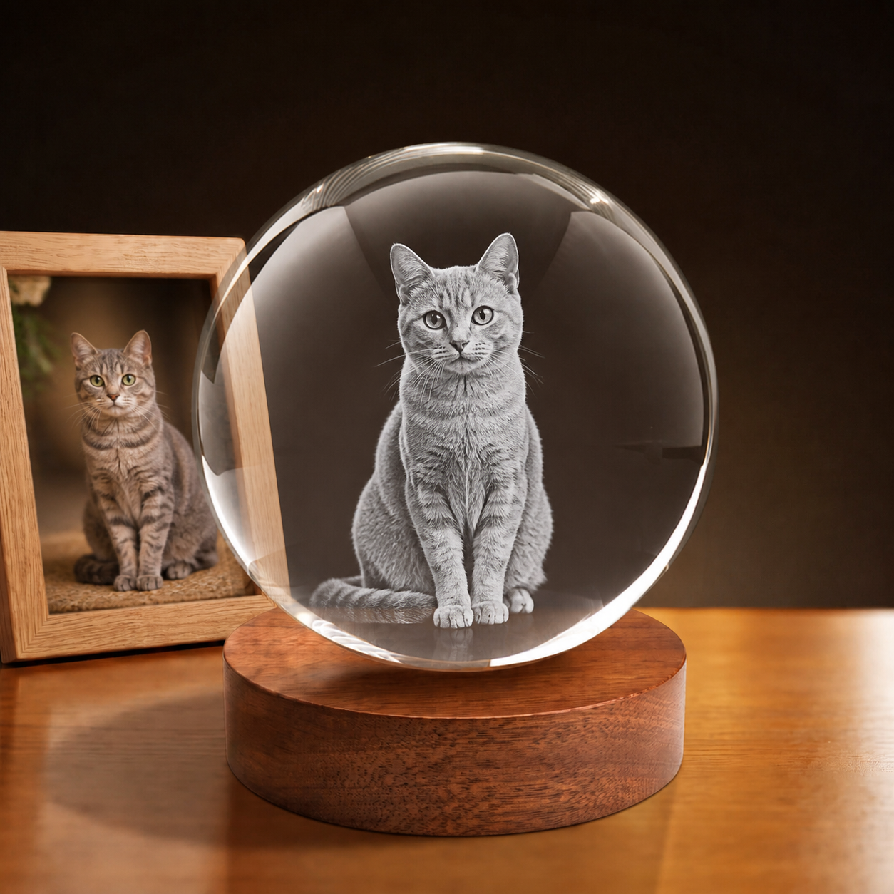 3D Crystal Ball personalized pet photo engraving on walnut display base