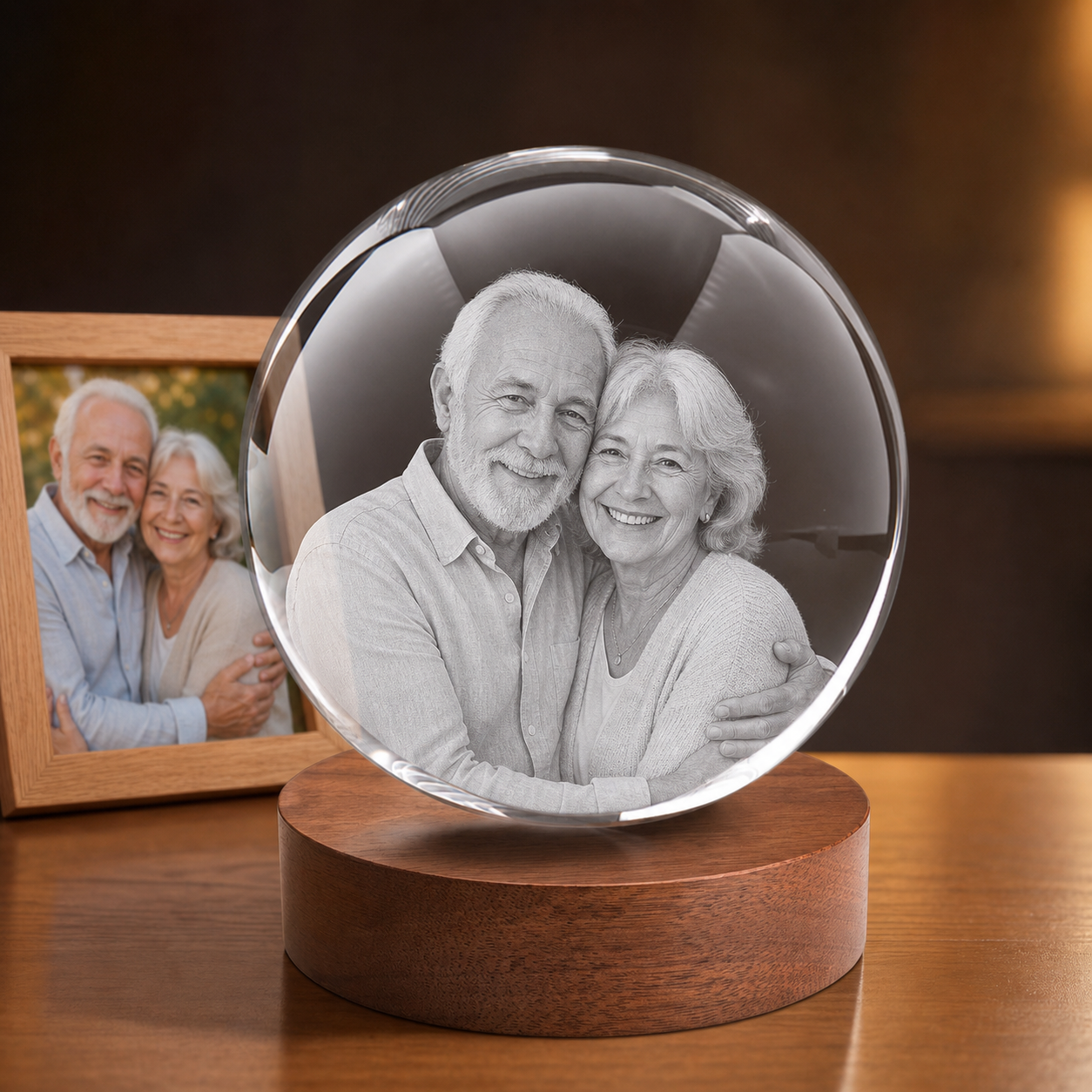 3D Crystal Ball personalized senior portrait engraving on walnut display base