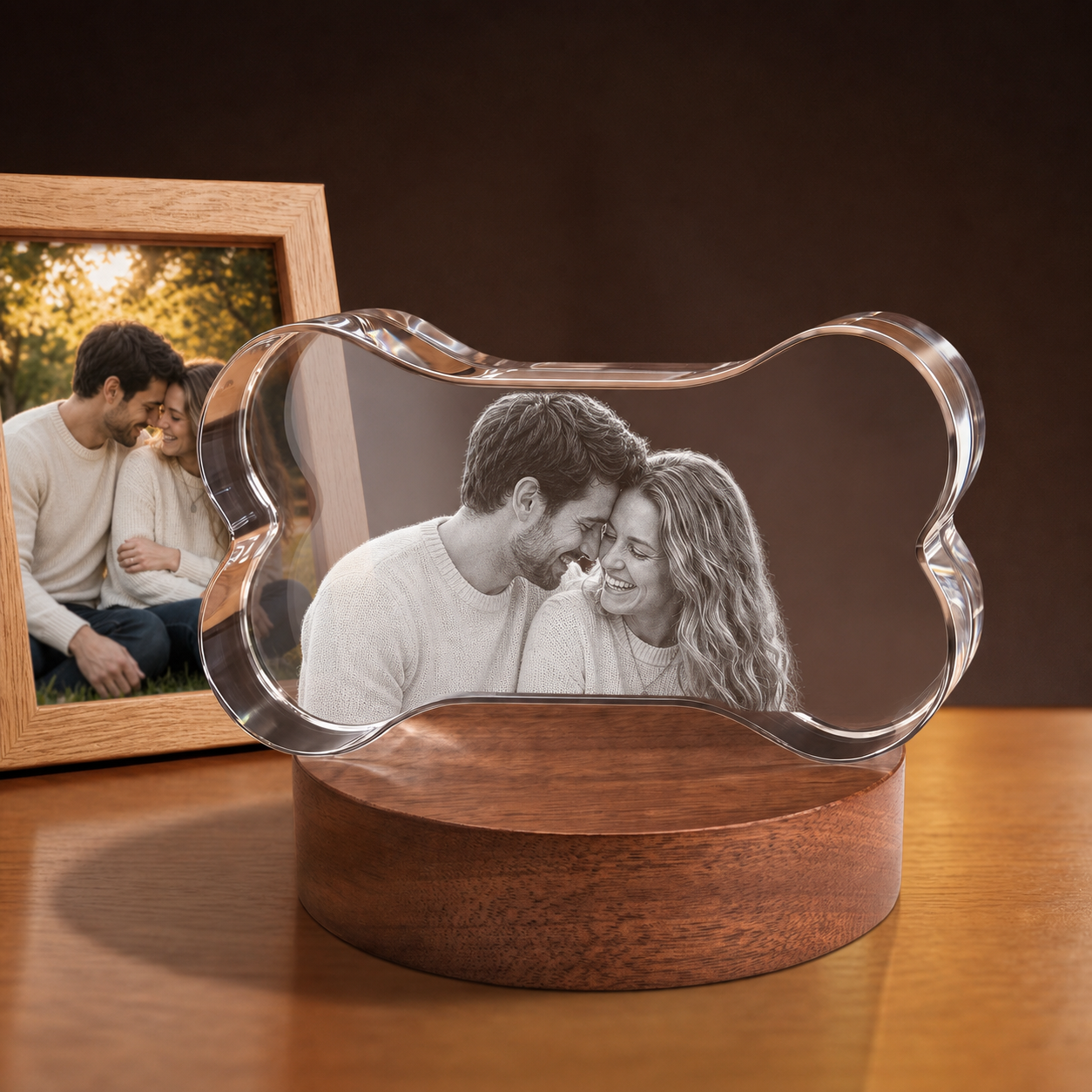 3D Crystal Bone personalized couple photo engraving on walnut display base