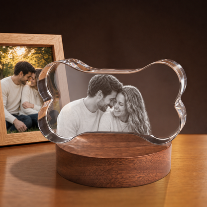 3D Crystal Bone personalized couple photo engraving on walnut display base