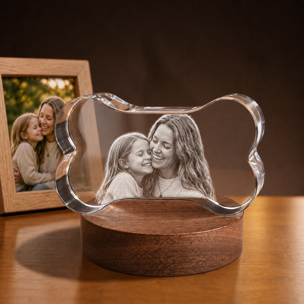 3D Crystal Bone personalized parent and child photo engraving on walnut display base