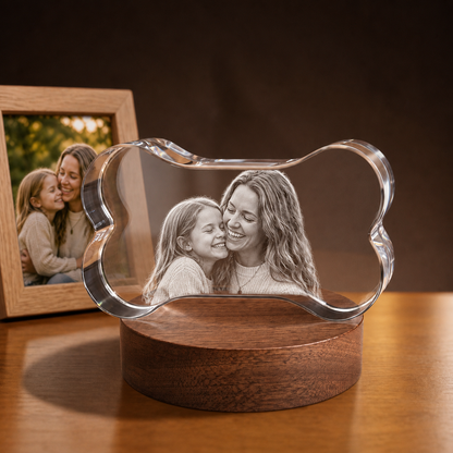 3D Crystal Bone personalized parent and child photo engraving on walnut display base