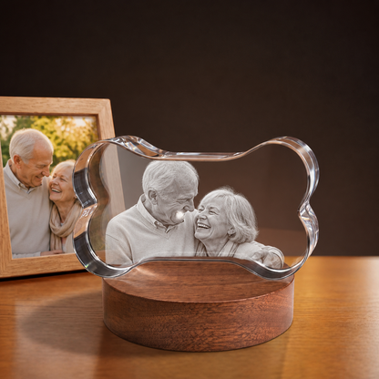 3D Crystal Bone personalized senior portrait engraving on walnut display base