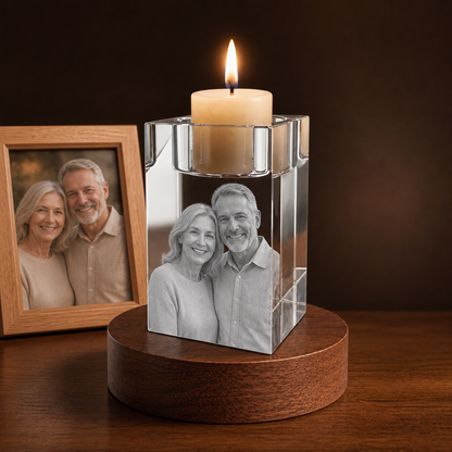 3D Crystal Candleholder personalized couple photo engraving on walnut display base