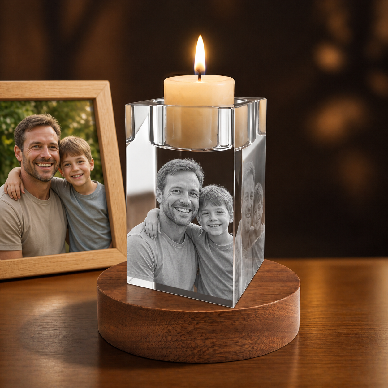 3D Crystal Candleholder personalized parent and child photo engraving on walnut display base