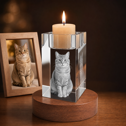 3D Crystal Candleholder personalized pet photo engraving on walnut display base