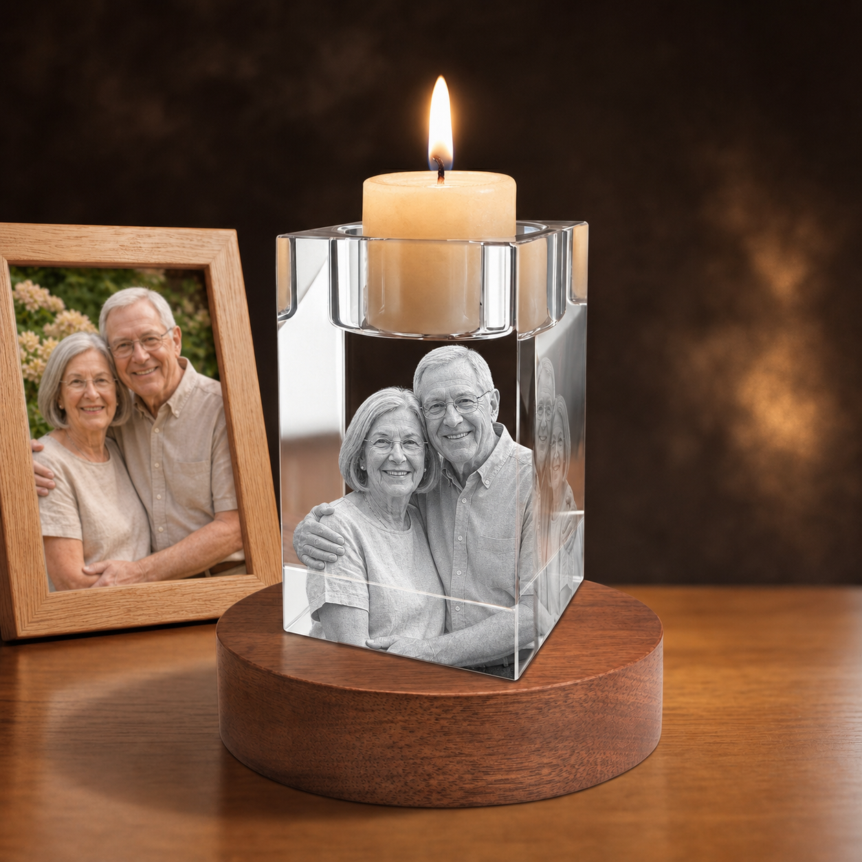 3D Crystal Candleholder personalized senior portrait engraving on walnut display base
