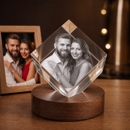3D Crystal Diamond personalized couple photo engraving on walnut display base