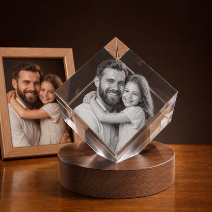 3D Crystal Diamond personalized parent and child photo engraving on walnut display base
