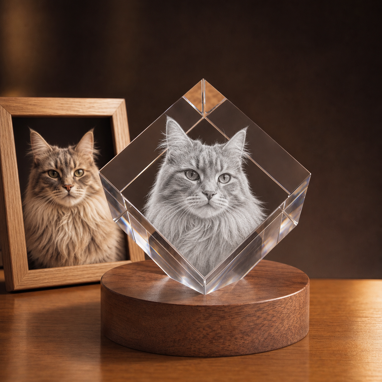 3D Crystal Diamond personalized pet photo engraving on walnut display base