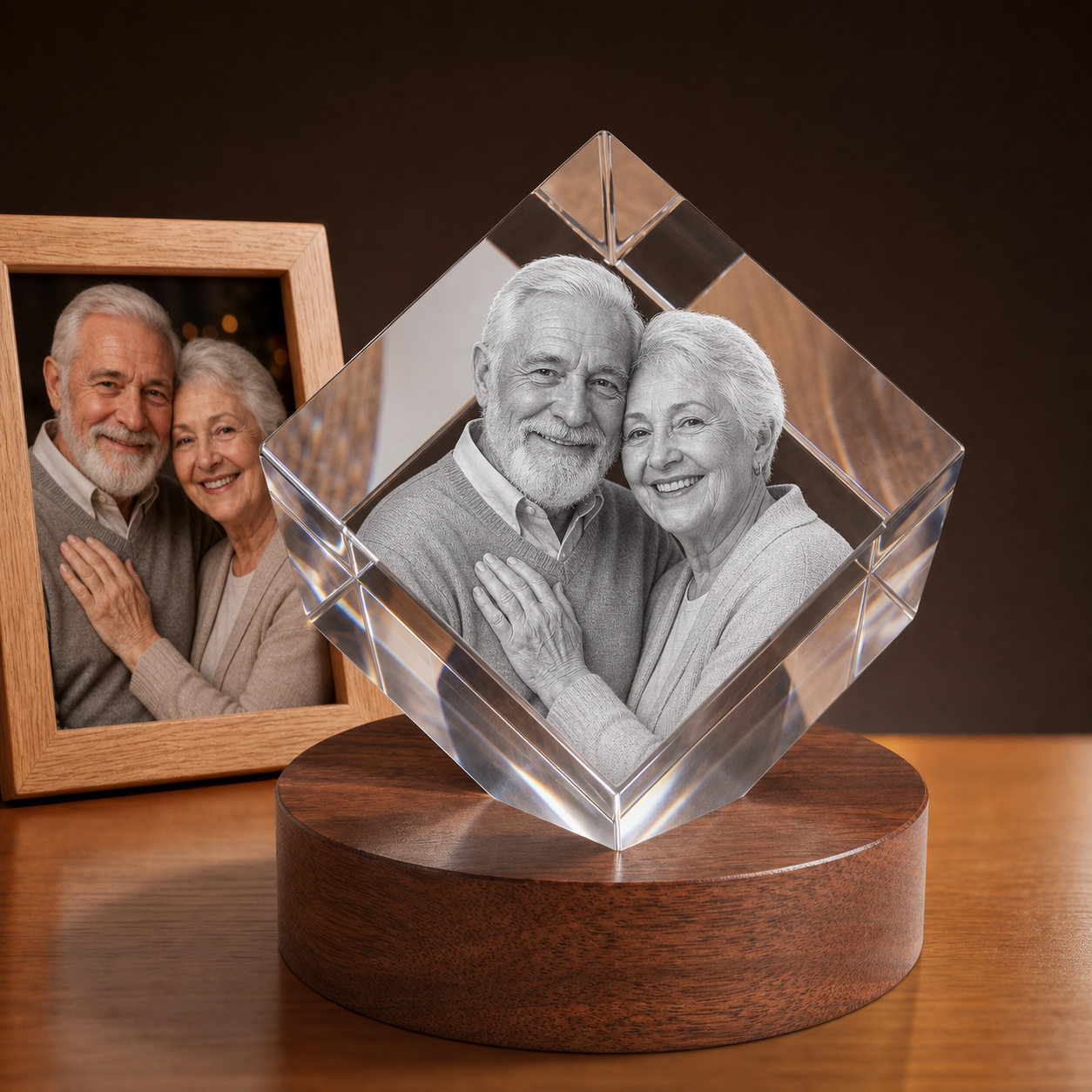 3D Crystal Diamond personalized senior portrait engraving on walnut display base