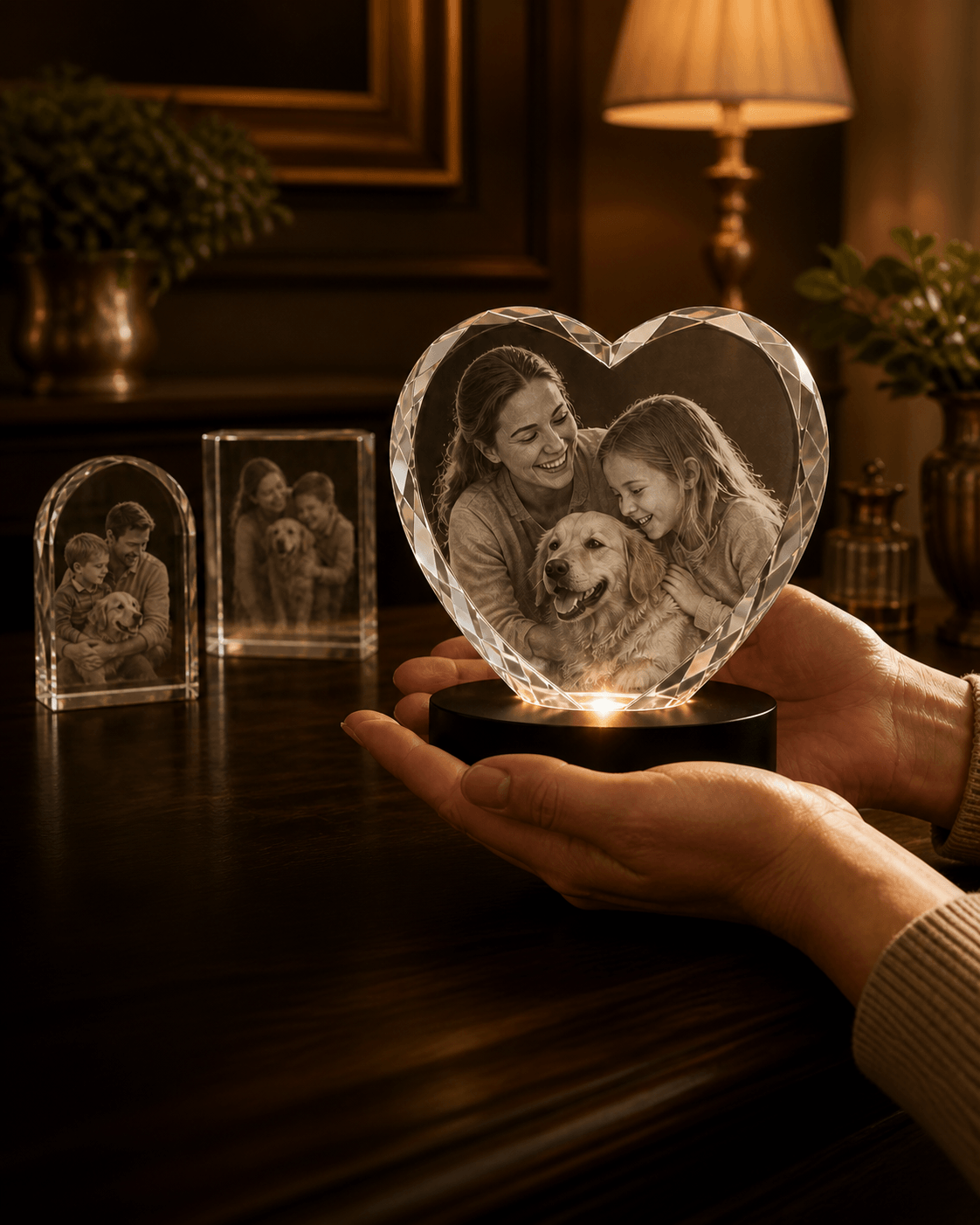 A warm personalized crystal keepsake scene with a heart crystal, family and dog engraving