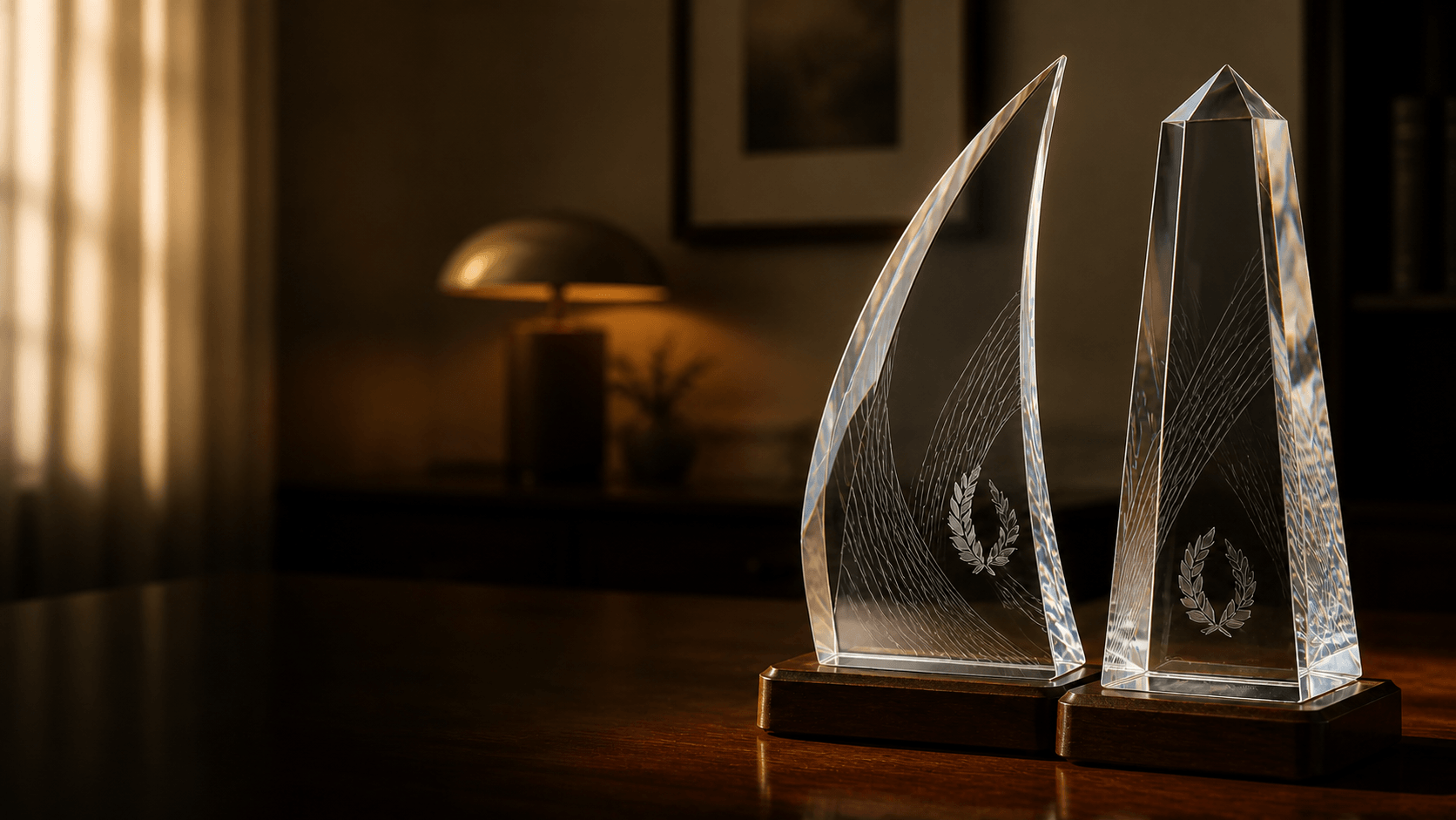 Two elegant optical crystal awards on walnut bases