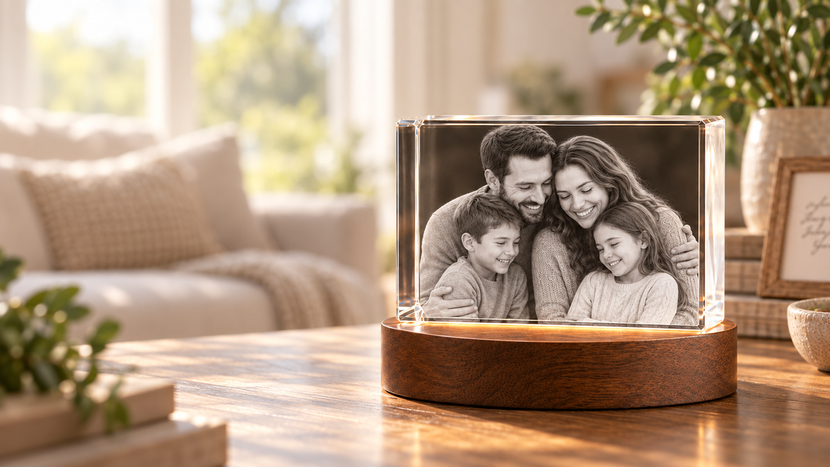 Family of four engraved inside a landscape rectangular crystal