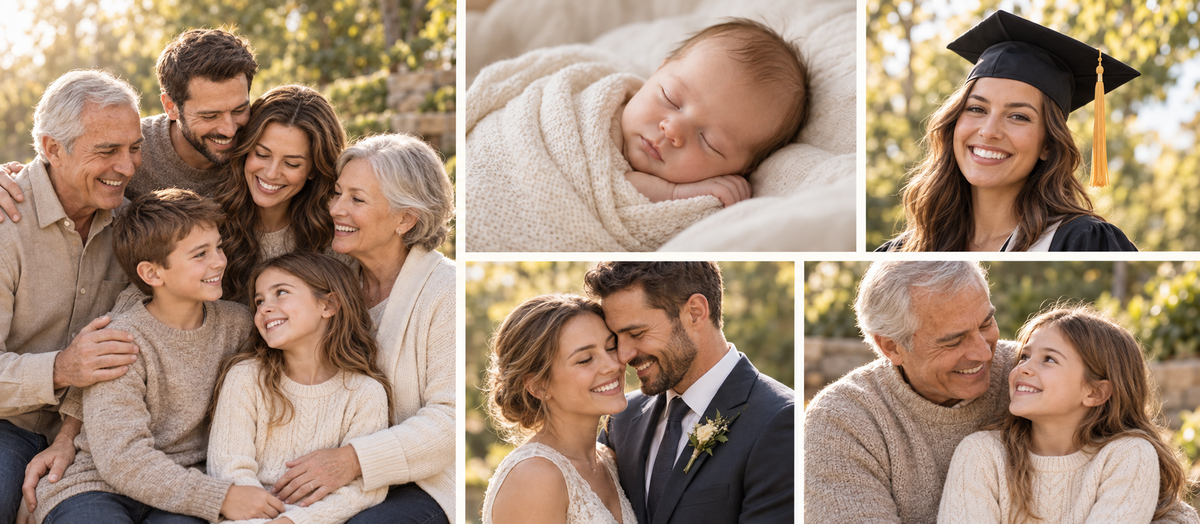 Family reunion, newborn, graduation, anniversary, and generations together