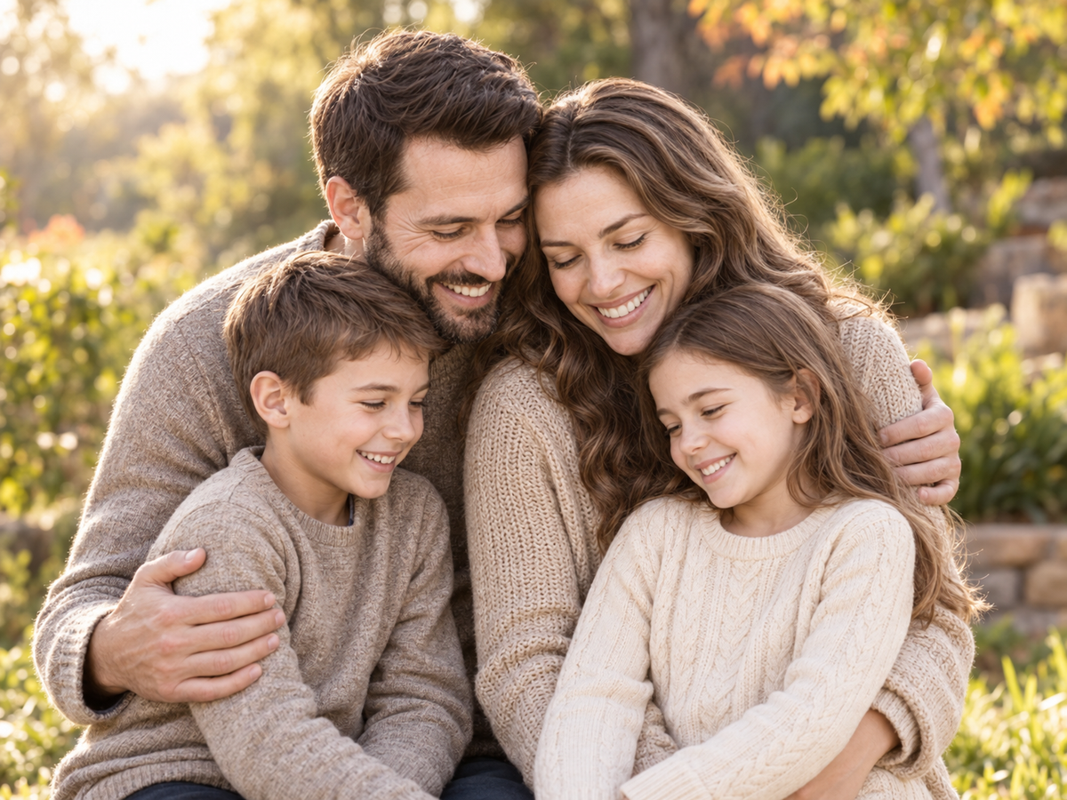 Original outdoor portrait of a family of four