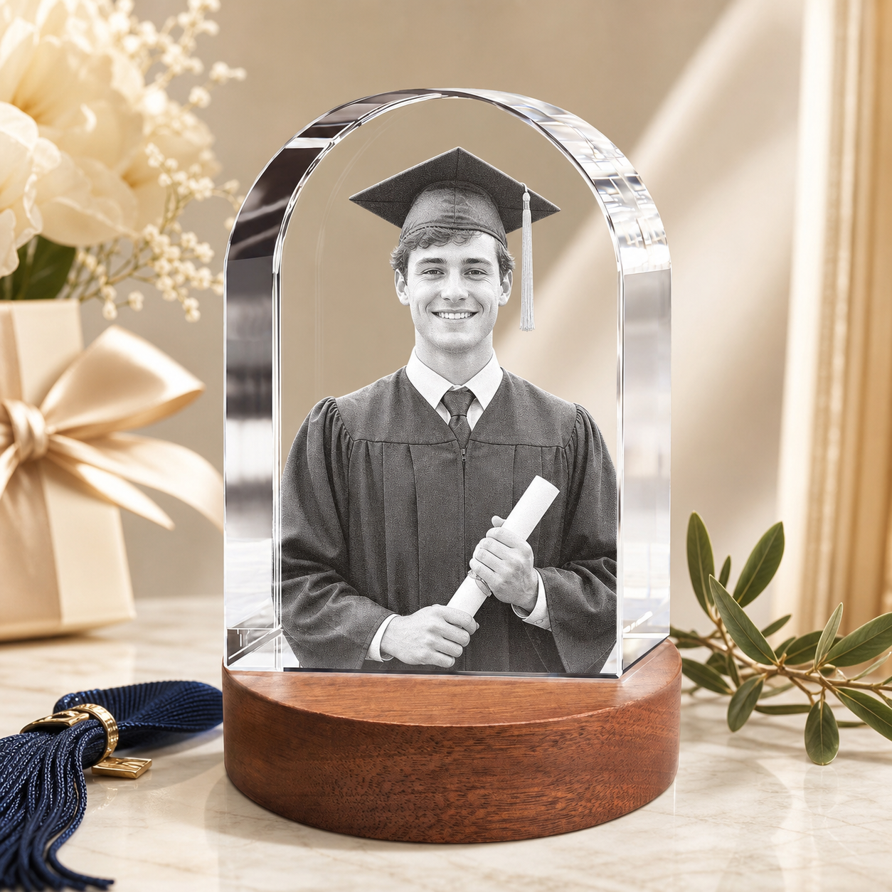 3D Crystal Arch Personalized Graduation Gift ivory and champagne graduation lifestyle image