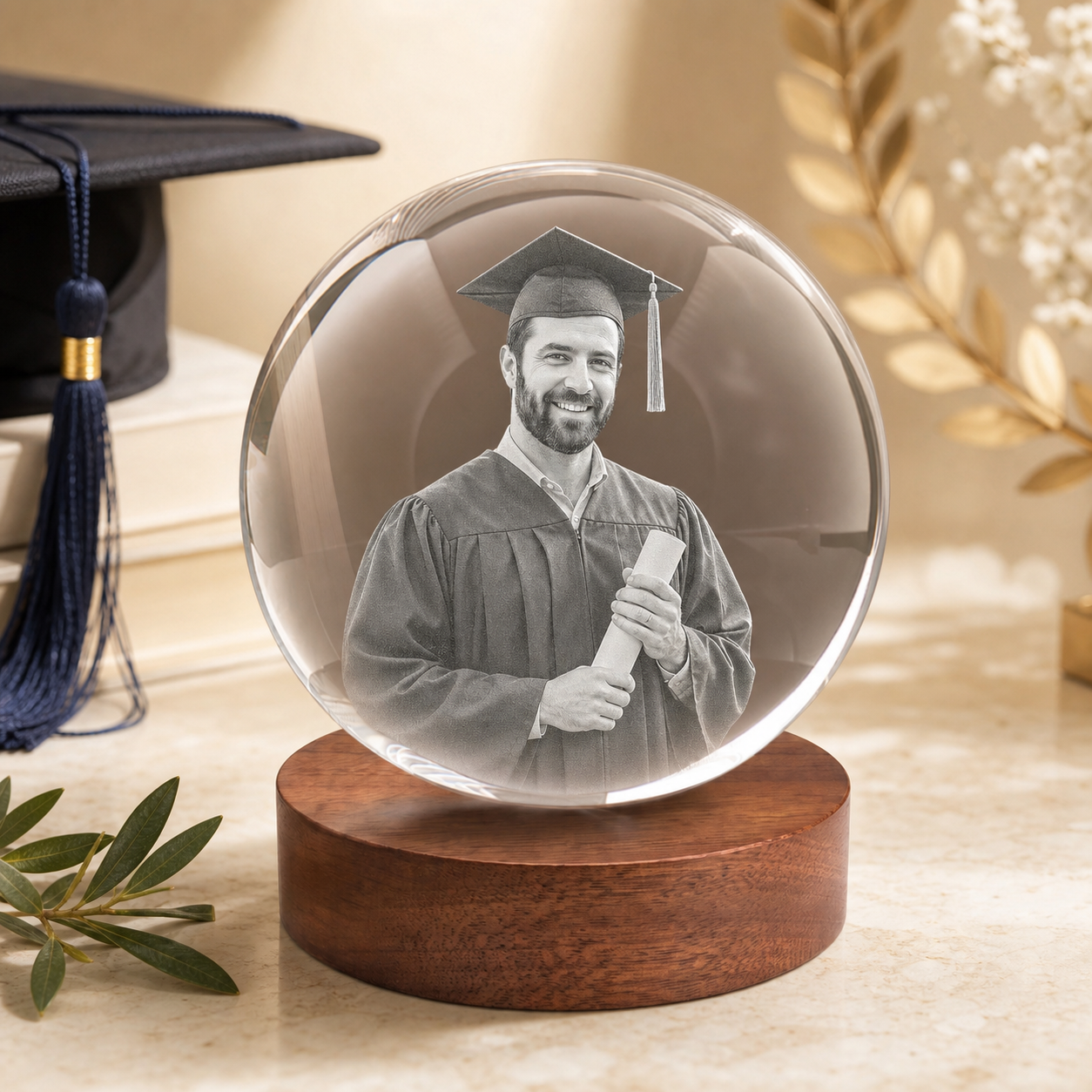 3D Crystal Ball Personalized Graduation Gift ivory and champagne graduation lifestyle image