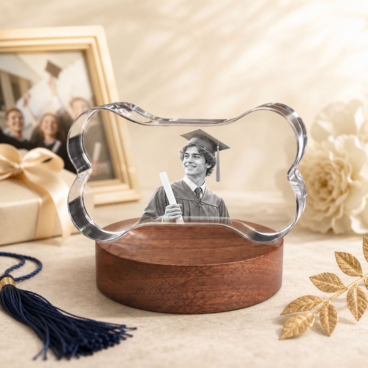 3D Crystal Bone Personalized Graduation Gift ivory and champagne graduation lifestyle image