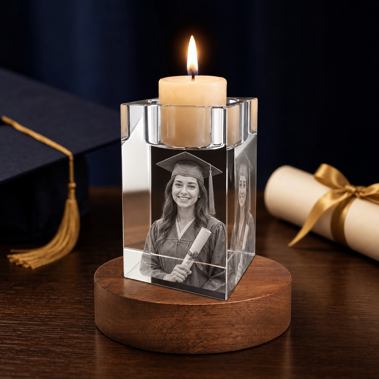 3D Crystal Candleholder Personalized Graduation Gift navy and gold graduation lifestyle image