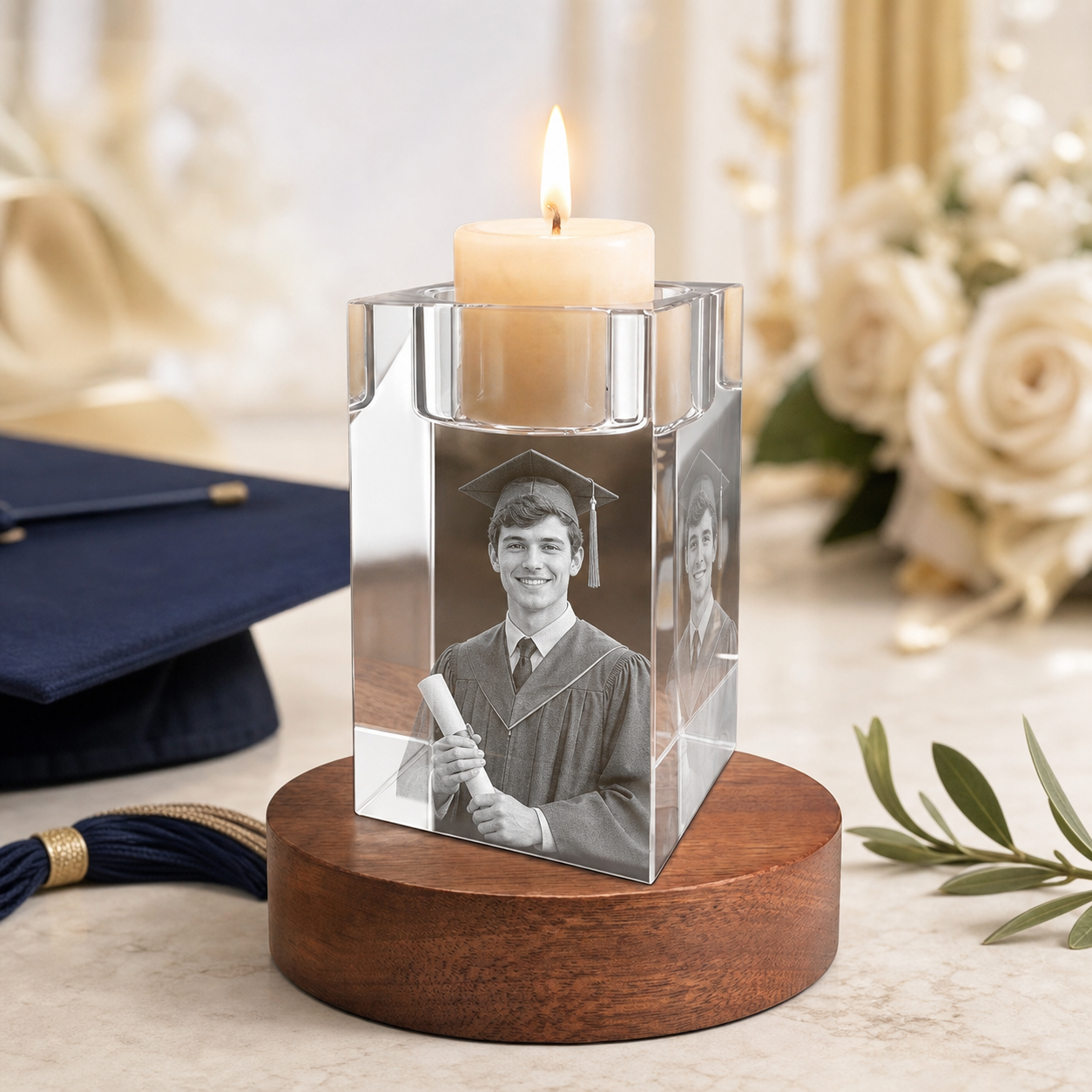 3D Crystal Candleholder Personalized Graduation Gift ivory and champagne graduation lifestyle image