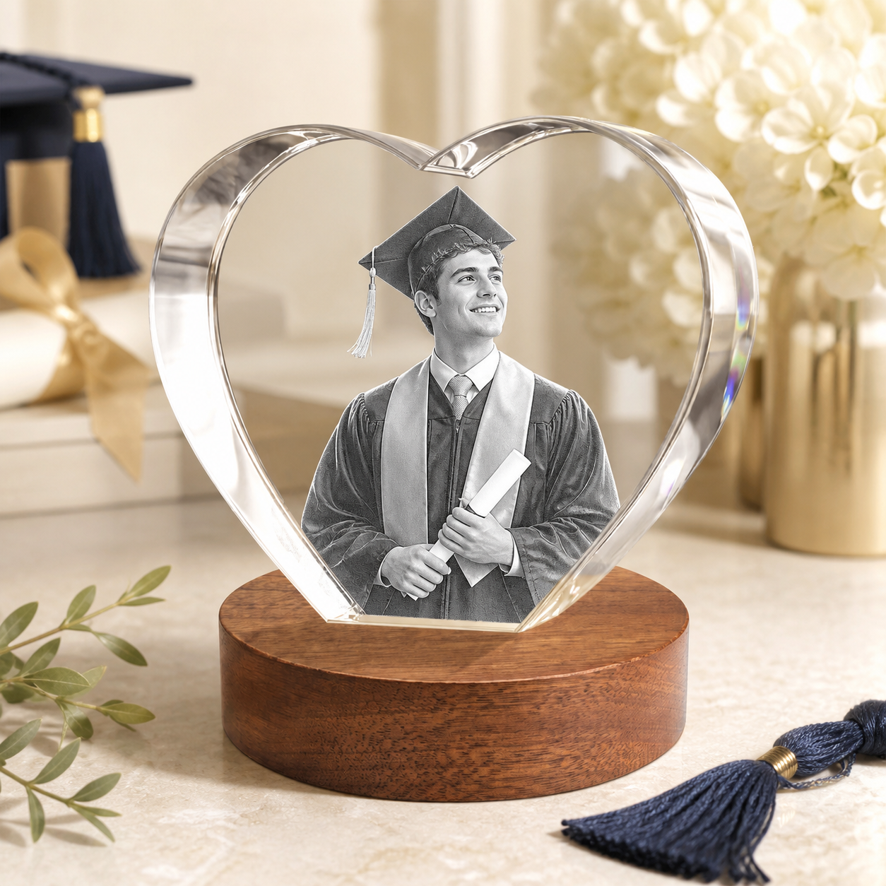 3D Crystal Heart Personalized Graduation Gift ivory and champagne graduation lifestyle image