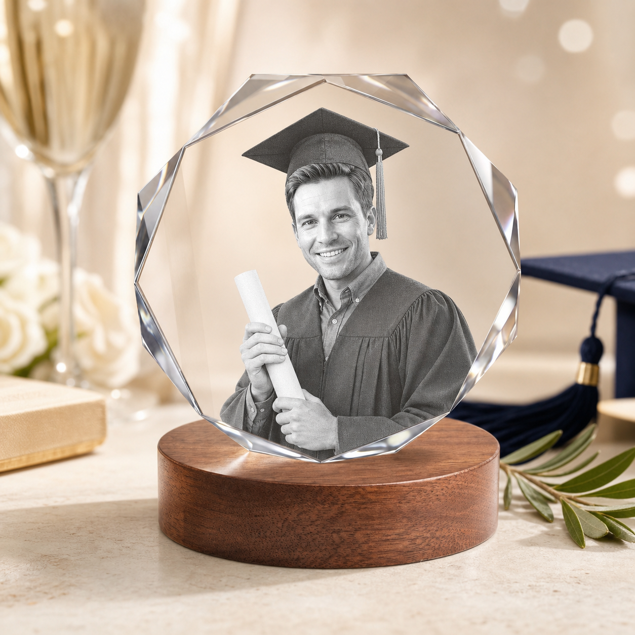 3D Crystal Octagon Personalized Graduation Gift ivory and champagne graduation lifestyle image