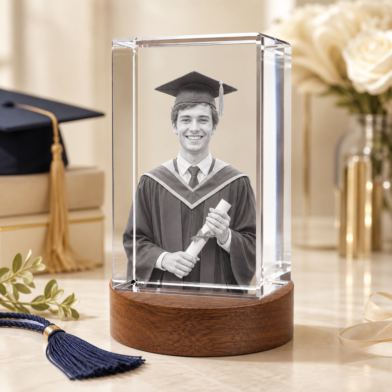 3D Crystal Rectangle Personalized Graduation Gift ivory and champagne graduation lifestyle image