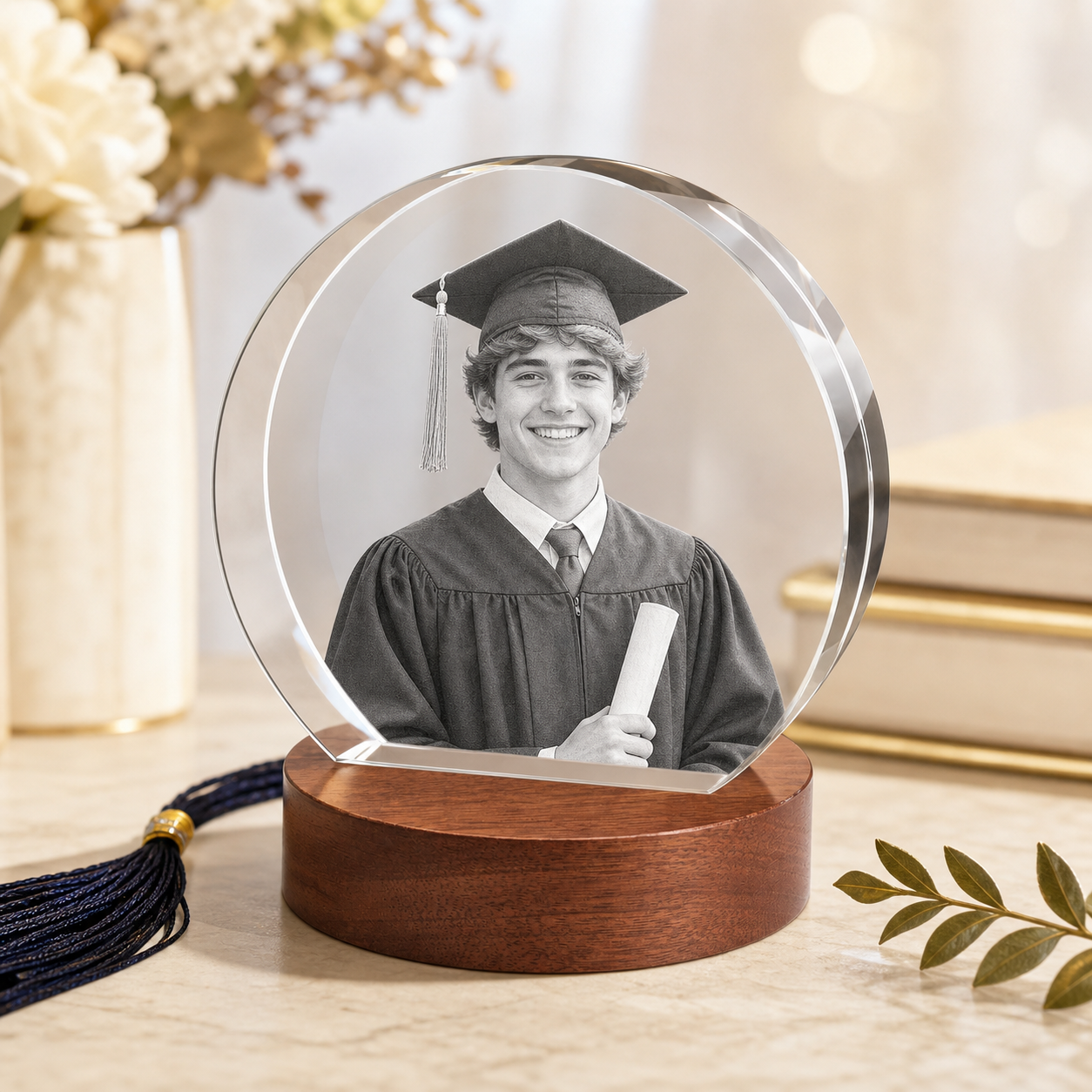 3D Crystal Round Stepped Crystal Disc Personalized Graduation Gift ivory and champagne graduation lifestyle image
