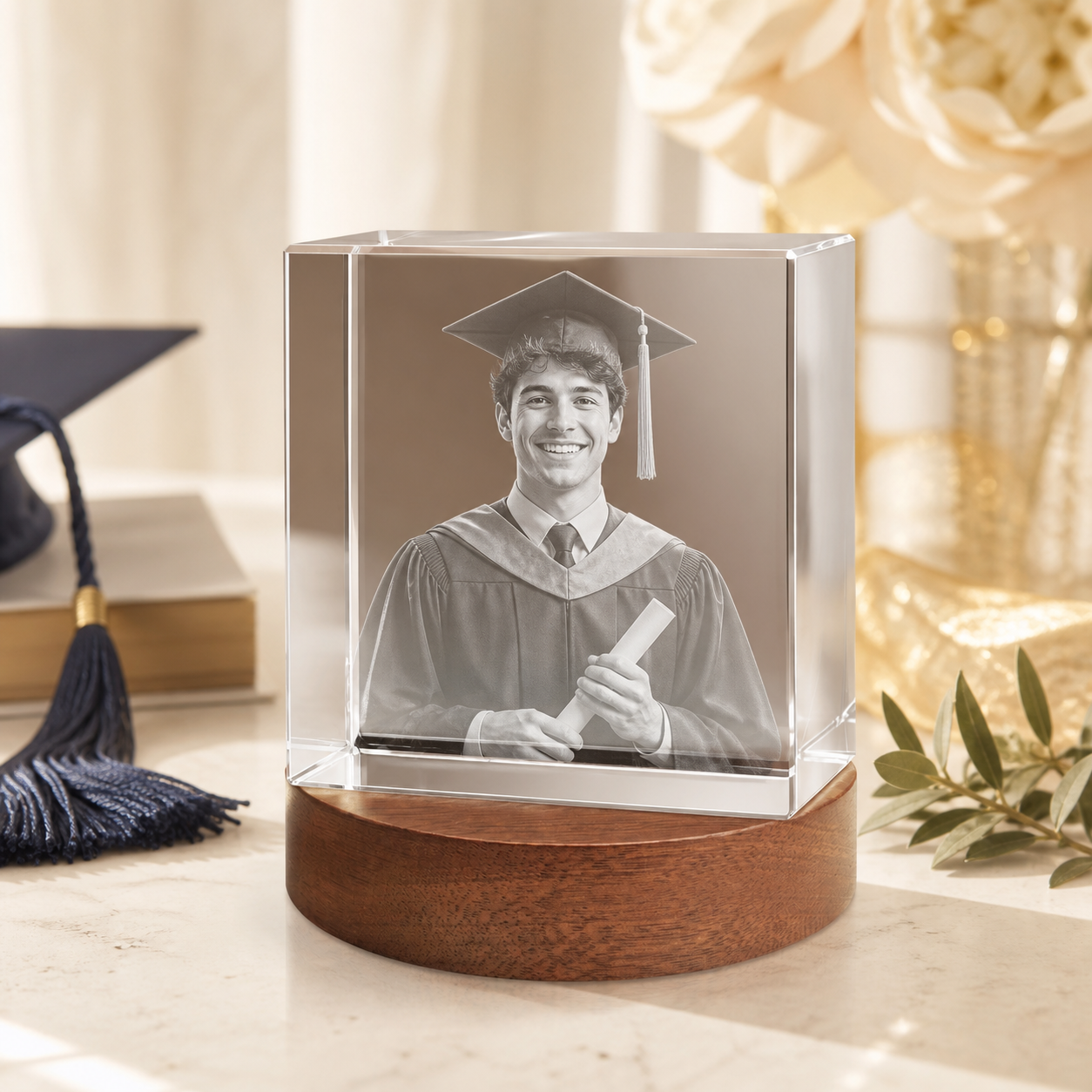 3D Crystal Square Personalized Graduation Gift ivory and champagne graduation lifestyle image