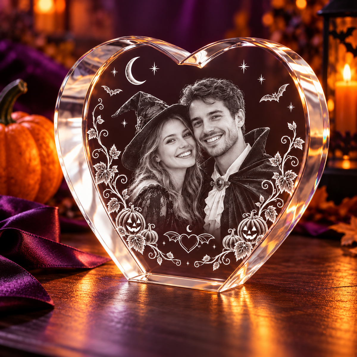 3D Crystal Heart Halloween Photo Gift in a pumpkin and amber-light Halloween setting, alternate view