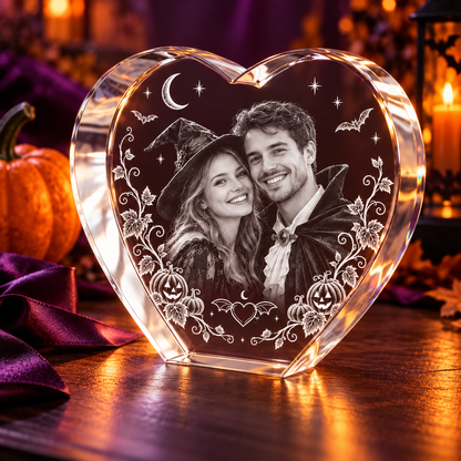 3D Crystal Heart Halloween Photo Gift in a pumpkin and amber-light Halloween setting, alternate view