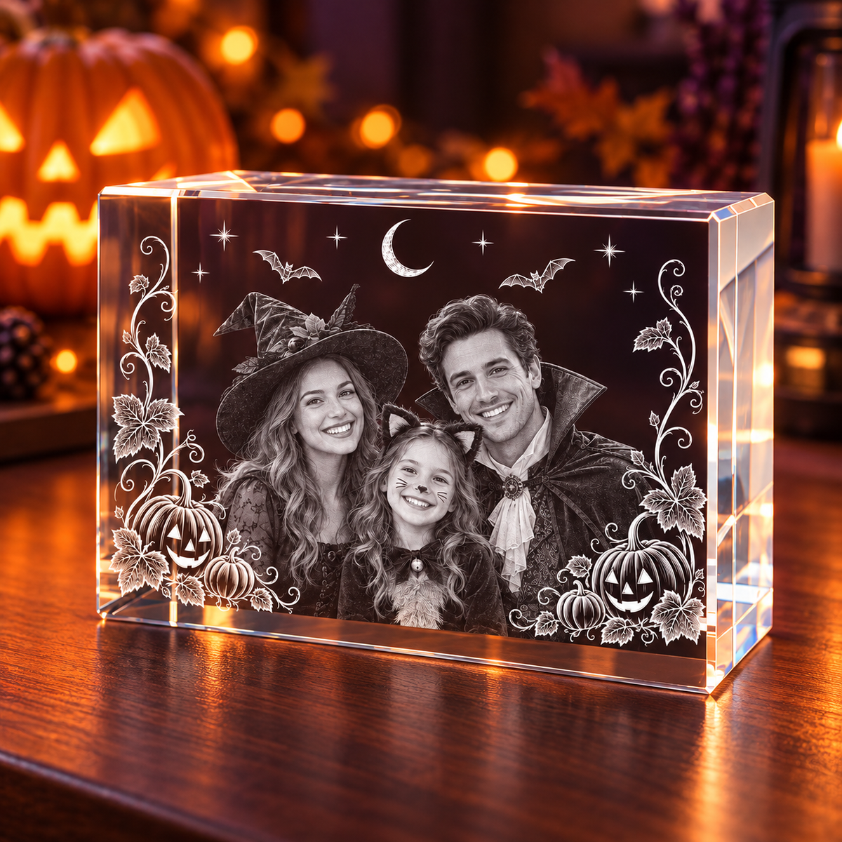 3D Crystal Rectangle Halloween Photo Gift in a pumpkin and amber-light Halloween setting, alternate view