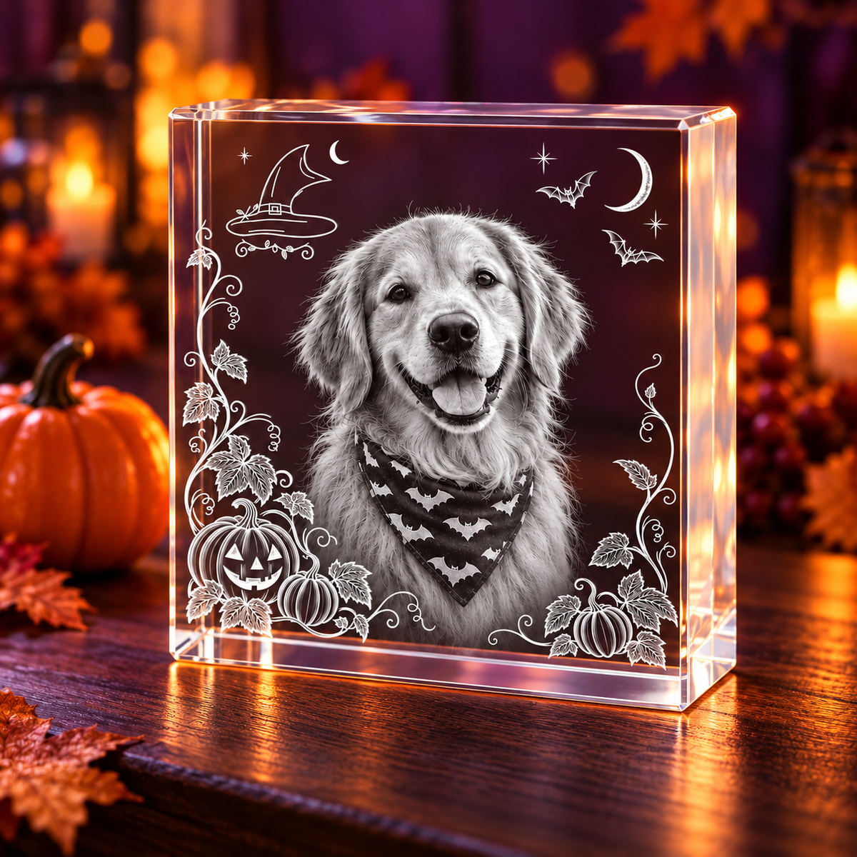 3D Crystal Square Halloween Photo Gift in a pumpkin and amber-light Halloween setting, alternate view