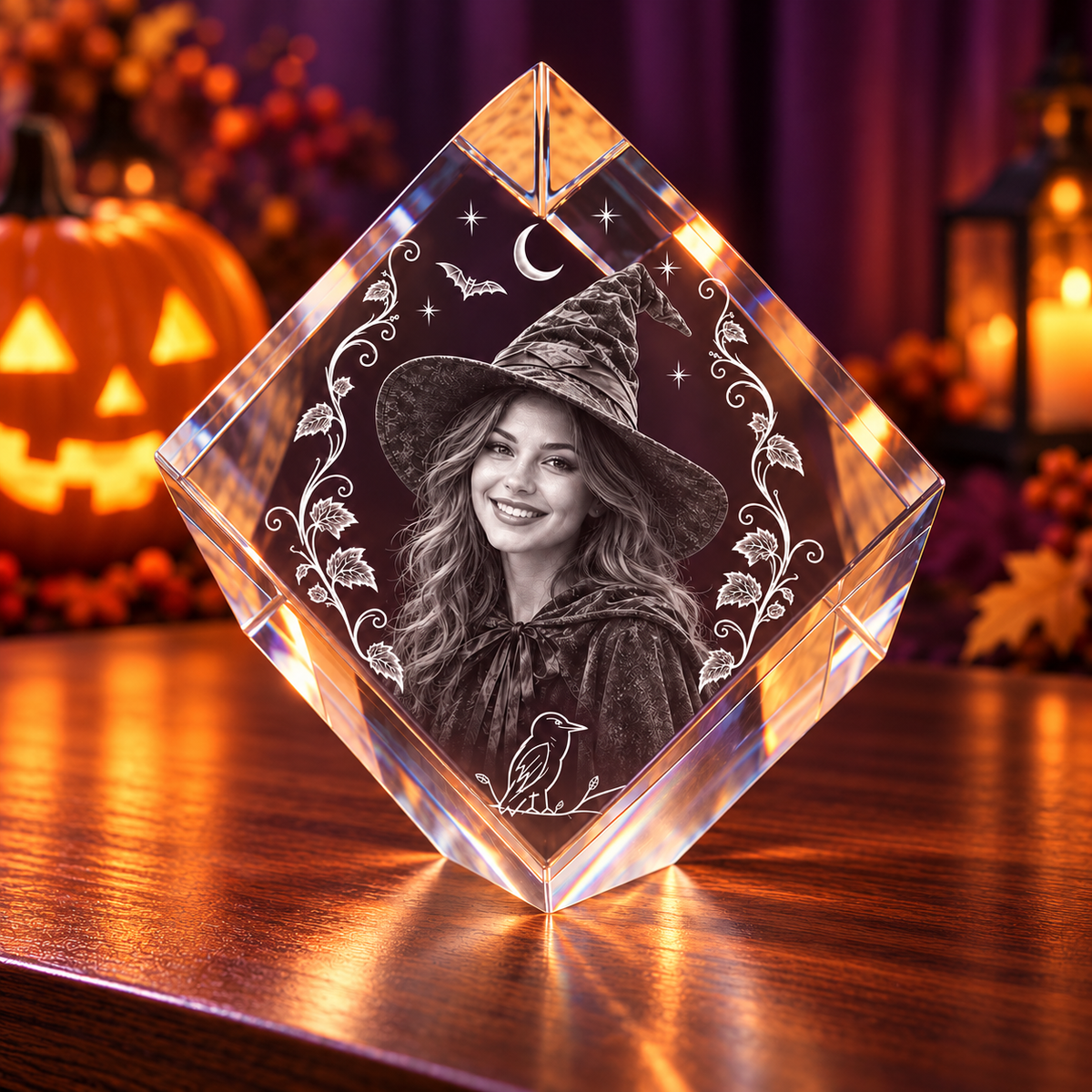 3D Crystal Diamond Halloween Photo Gift in a pumpkin and amber-light Halloween setting, alternate view