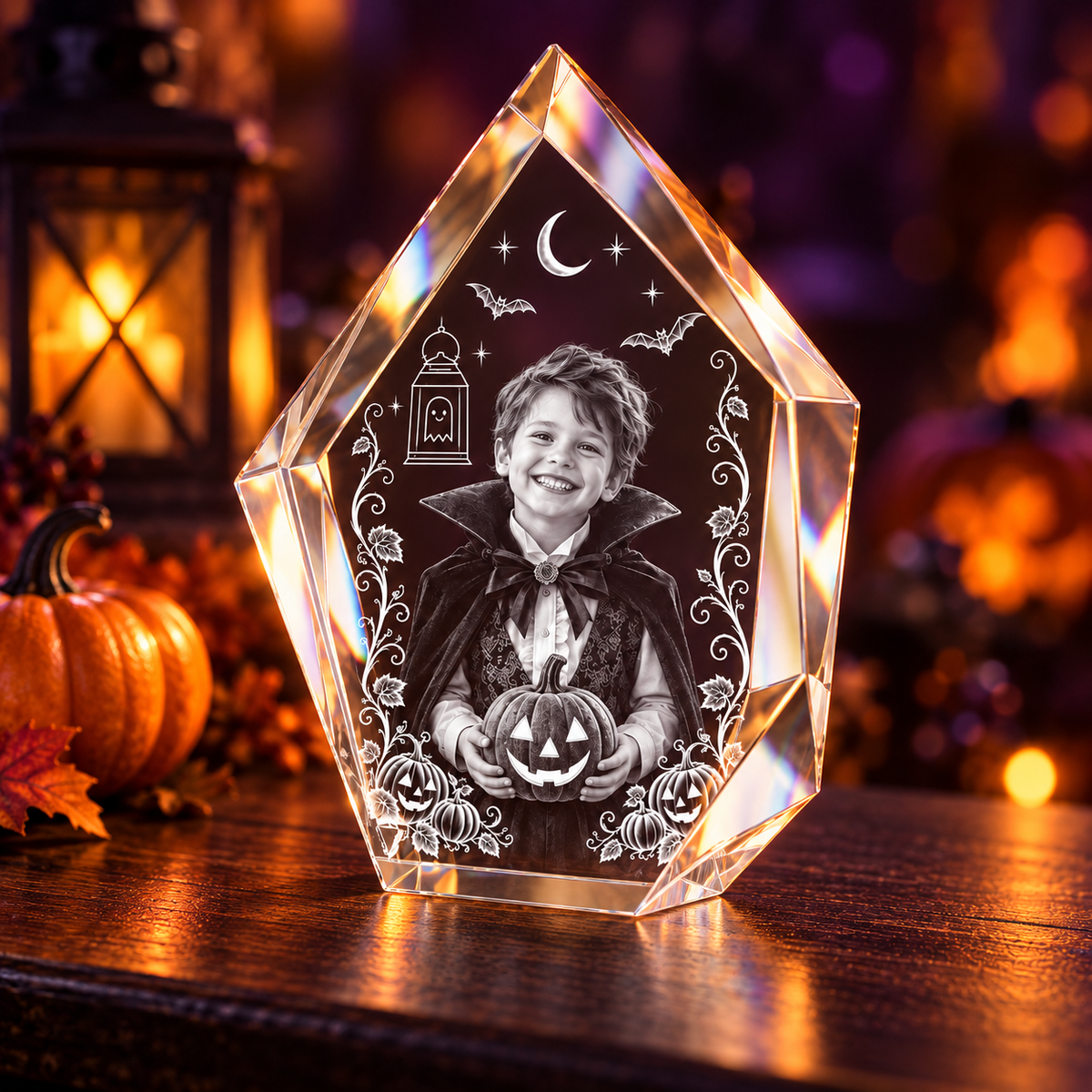 3D Crystal Iceberg Halloween Photo Gift in a pumpkin and amber-light Halloween setting, alternate view