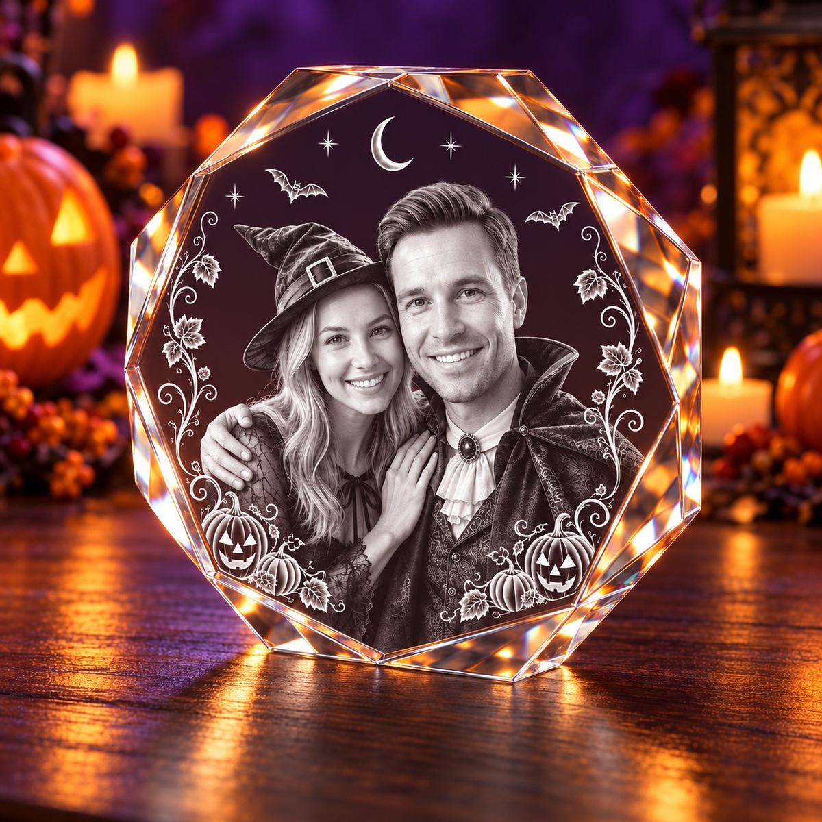 3D Crystal Octagon Halloween Photo Gift in a pumpkin and amber-light Halloween setting, alternate view