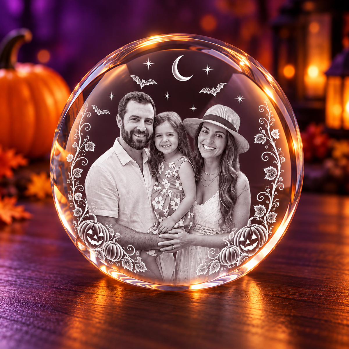 3D Crystal Ball Halloween Photo Gift in a pumpkin and amber-light Halloween setting, alternate view