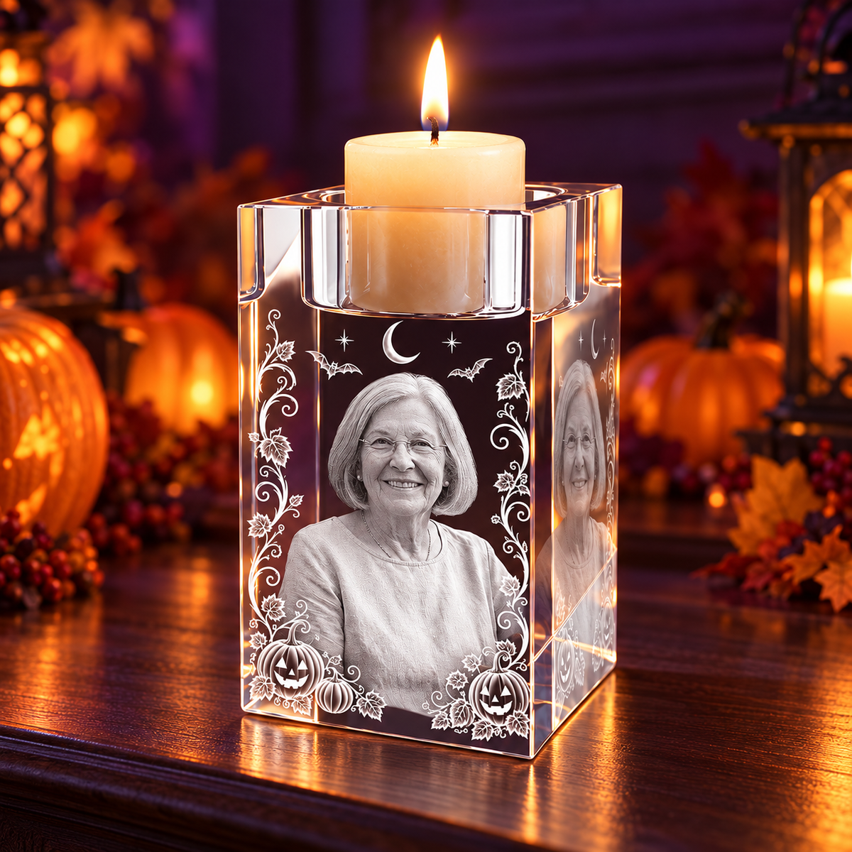3D Crystal Candleholder Halloween Photo Gift in a pumpkin and amber-light Halloween setting, alternate view