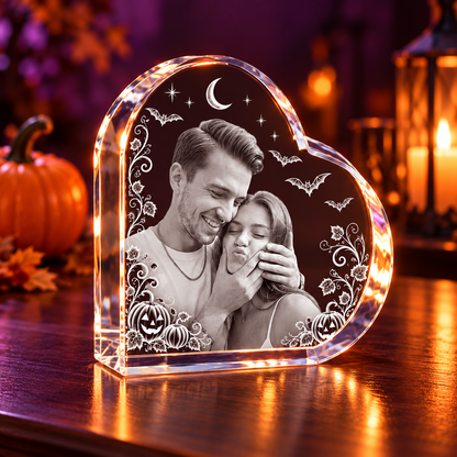 3D Crystal Special Heart Halloween Photo Gift in a pumpkin and amber-light Halloween setting, alternate view
