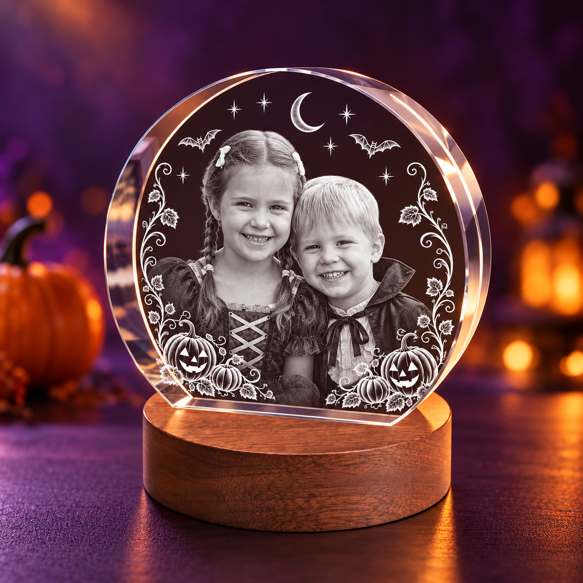 round stepped disc photo crystal in a Halloween setting