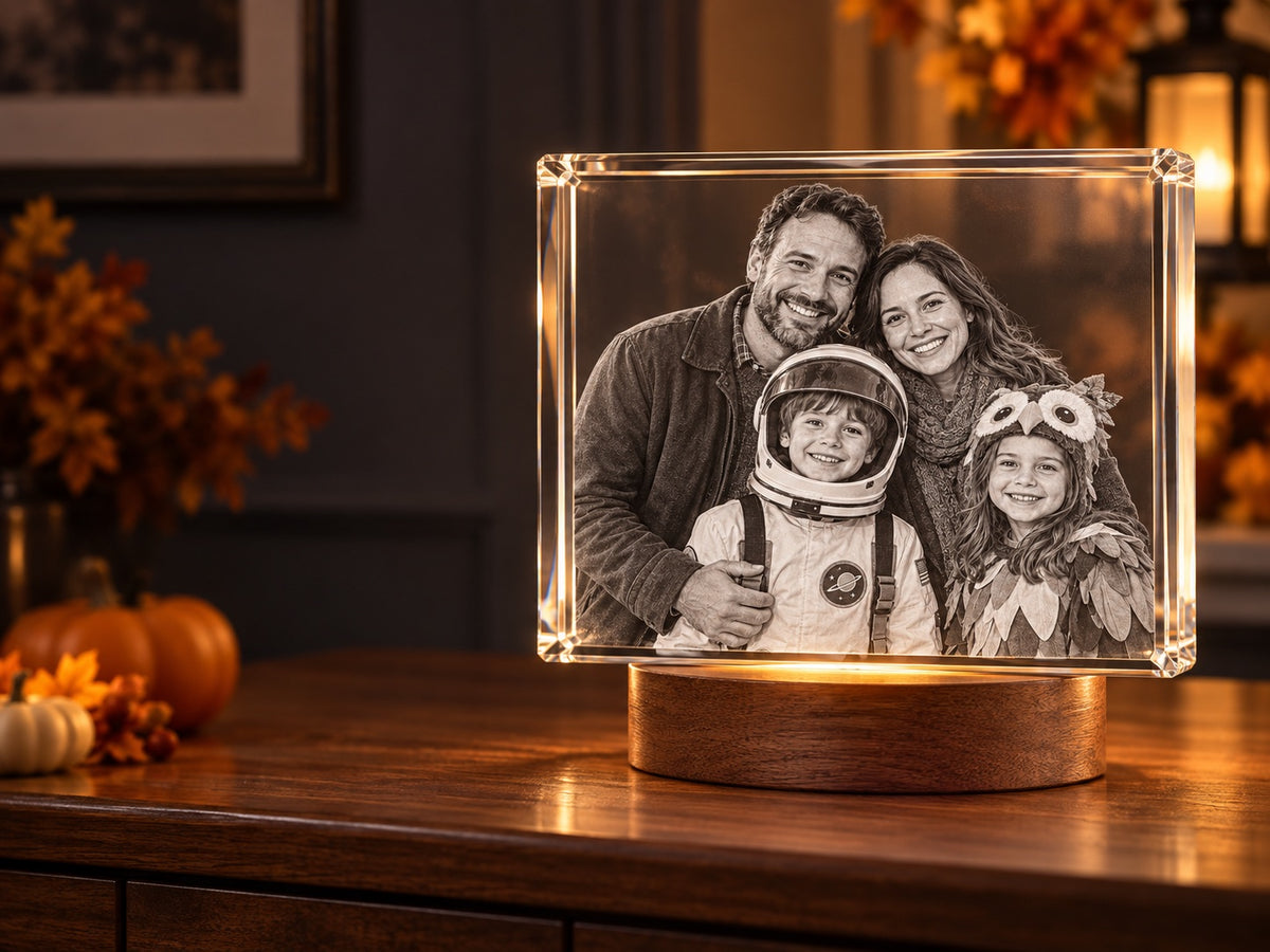AI-assisted illustration of the same Halloween family portrait inside a rectangular crystal