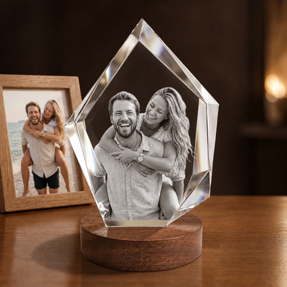 3D Crystal Iceberg personalized couple photo engraving on walnut display base
